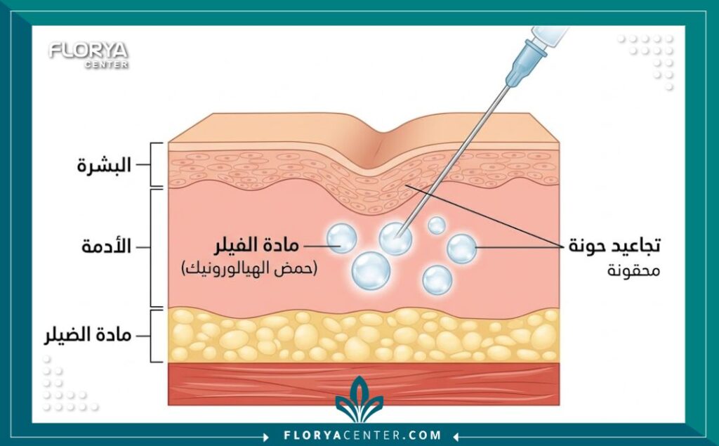 رسم تخطيطي طبي يوضح كيفية حقن فيلر الوجه تحت الجلد لاستعادة الحجم