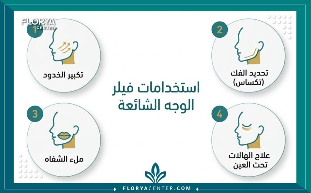 إنفوجرافيك يوضح المناطق المختلفة لاستخدامات فيلر الوجه في تركيا في التجميل