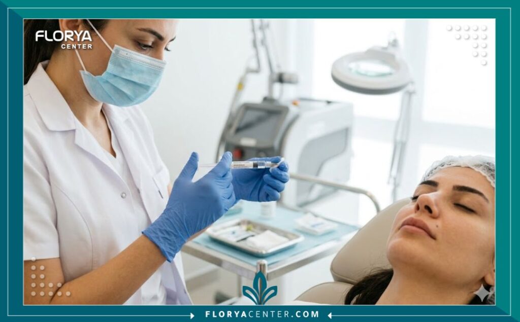 طبيبة تجميل متخصصة تقوم بتحضير حقنة فيلر الوجه في عيادة معقمة في تركيا