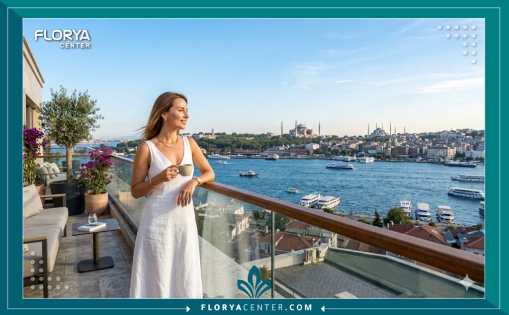 سيدة تستمتع بجمال إسطنبول بعد إجراء فيلر الوجه، تجسد السياحة العلاجية في تركيا