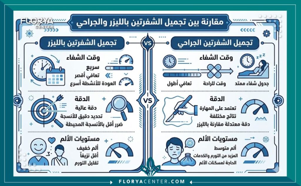 إنفوجرافيك يوضح الفرق بين قص الشفرات بالليزر والجراحة من حيث فترة النقاهة والنتائج.