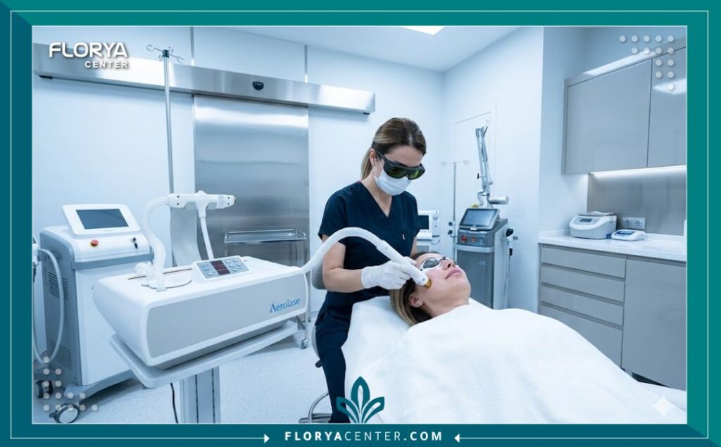 طبيبة جلدية متخصصة تقوم بإجراء جلسة ليزر إيروليز (Aerolase) لعلاج حب الشباب لمريض في عيادة معقمة وحديثة في إسطنبول.