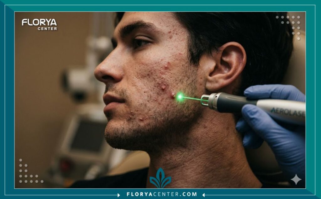 لقطة قريبة توضح تسليط شعاع ليزر إيروليز (Aerolase) بدقة على حب الشباب النشط في وجه رجل لعلاجه بدون ألم.