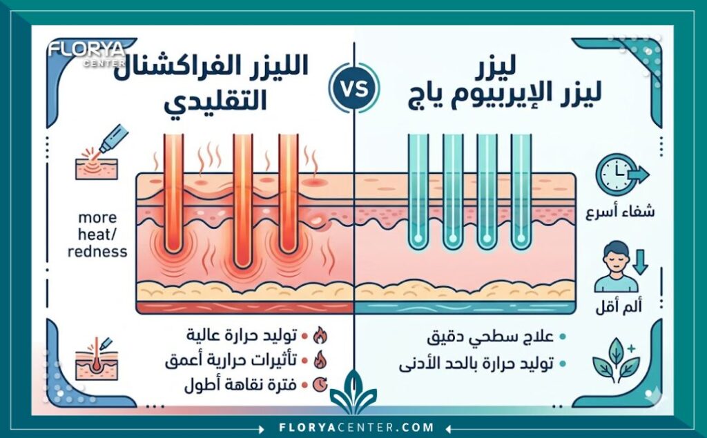 إنفوجرافيك يقارن بين ليزر الإيربيوم ياج في تركيا والفراكشنال من حيث الألم وفترة النقاهة.