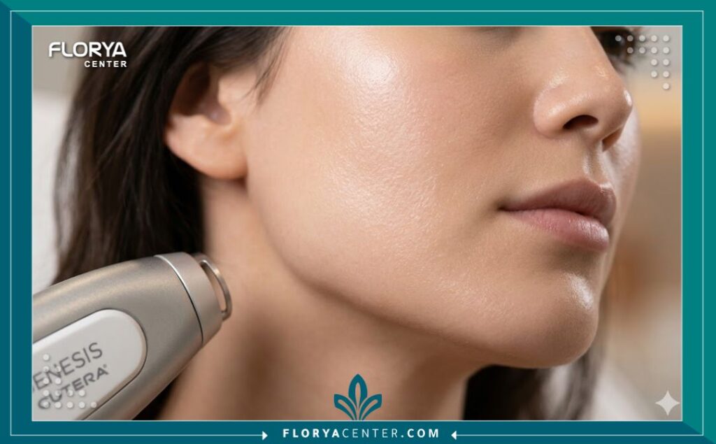 لقطة قريبة لبشرة نضرة ذات مسام ضيقة بعد علاج ليزر الجينيسيس.