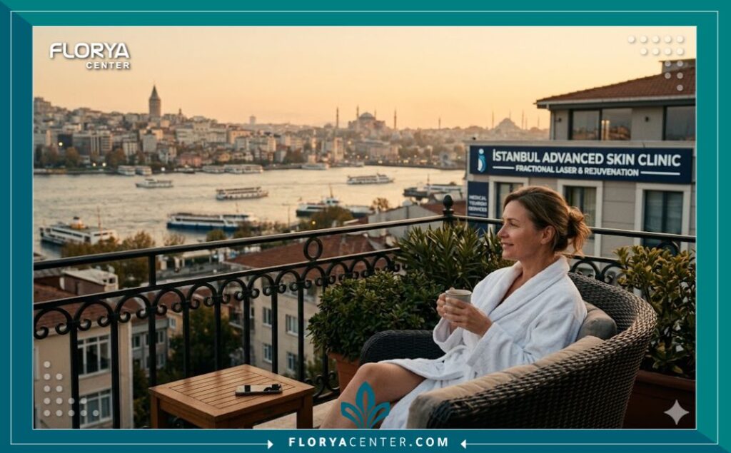 مشهد مريح لبوسفور إسطنبول ومساجدها من شرفة فندقية، يمثل تجربة السياحة العلاجية المريحة لعلاج الفراكشنال ليزر لندبات حب الشباب في تركيا.