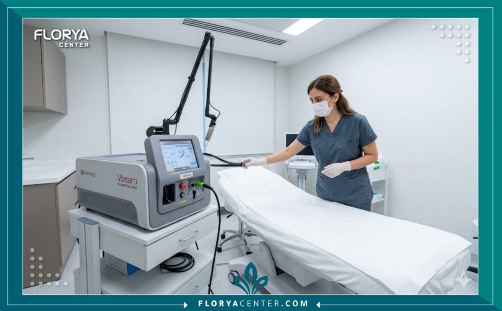 طبيب جلدية تركي يستخدم جهاز ليزر فيو بيم لعلاج مريض داخل عيادة معقمة في اسطنبول