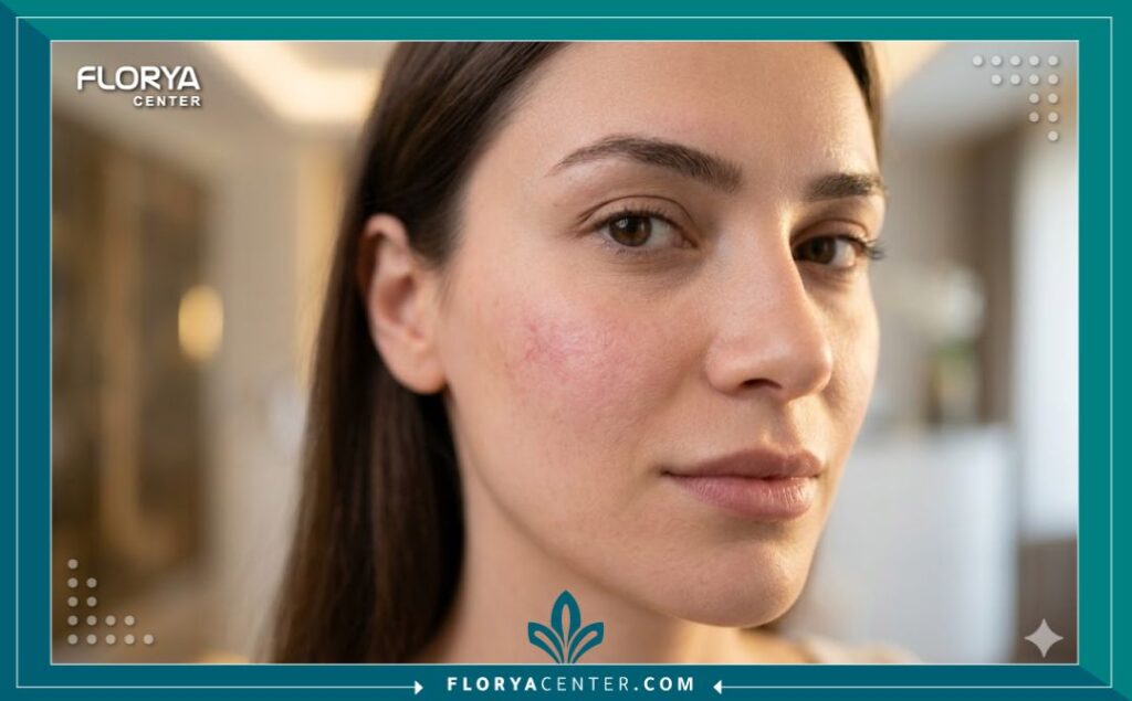 صورة مقربة لوجه امرأة بعد علاج ليزر الفيو بيم للشعيرات الدموية تظهر بشرة صافية وخالية من الاحمرار