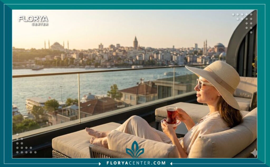 مشهد بانورامي لاسطنبول وقت الغروب يجمع بين جمال المدينة وفكرة السياحة العلاجية ليزر الفيو بيم