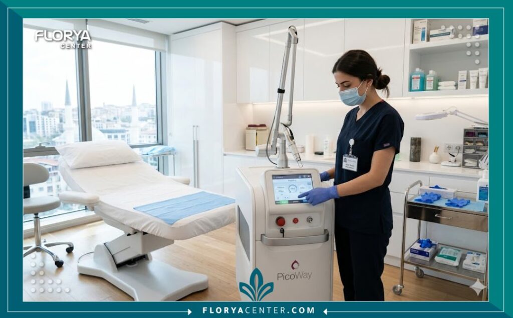 غرفة علاج معقمة مجهزة بجهاز ليزر بيكو واي للتصبغات في تركيا المتطور في مستشفى تجميلي بتركيا