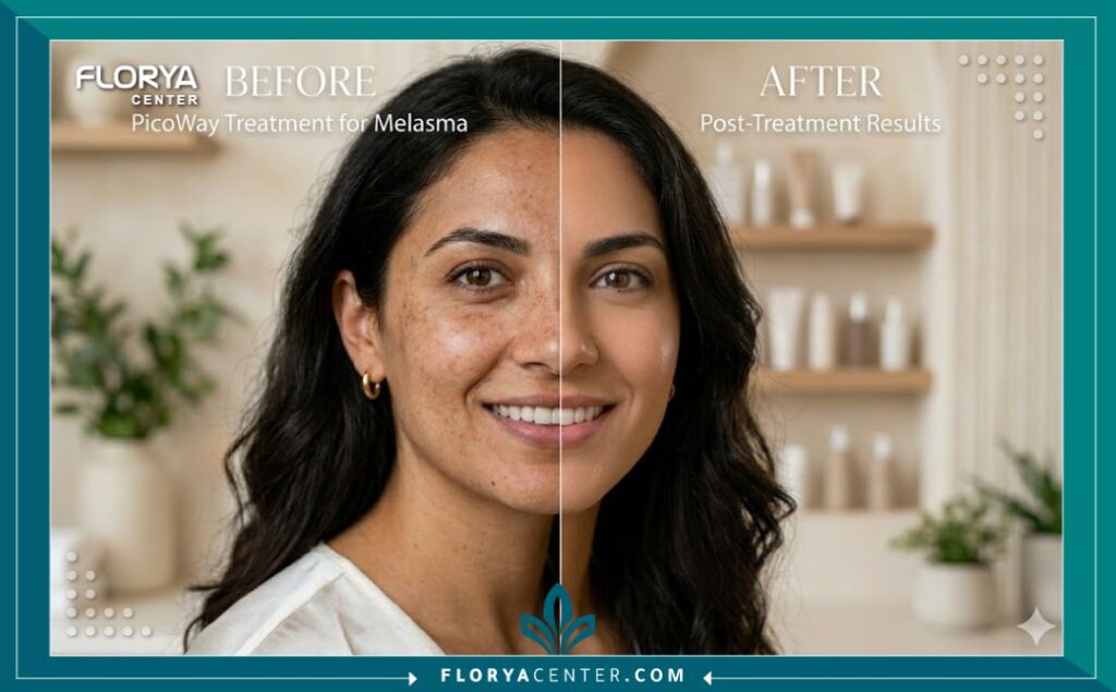 نتيجة علاج الكلف والنمش قبل وبعد استخدام ليزر بيكو واي في اسطنبول