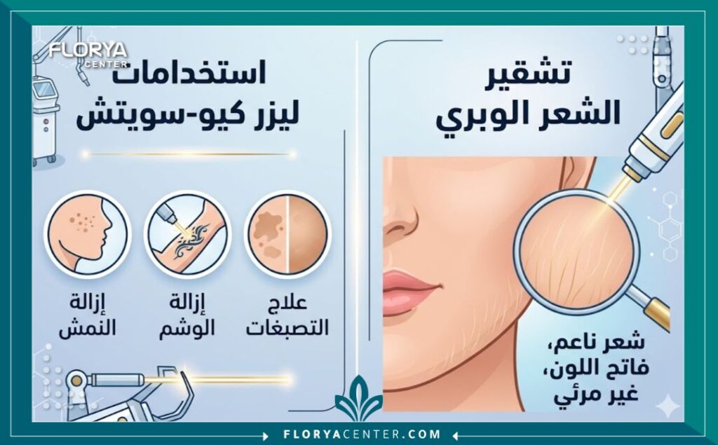 إنفوجرافيك يوضح فوائد واستخدامات ليزر كيو-سويتش في تركيا المختلفة بما في ذلك إزالة التصبغات والنمش وتشقير الشعر الوبري الناعم.