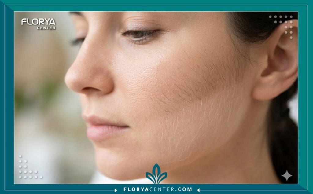 لقطة مكبرة تظهر تأثير ليزر كيو-سويتش في تشقير الشعر الوبري الناعم على الوجه وتحويله إلى لون غير مرئي، مما يمنح نضرة فورية.