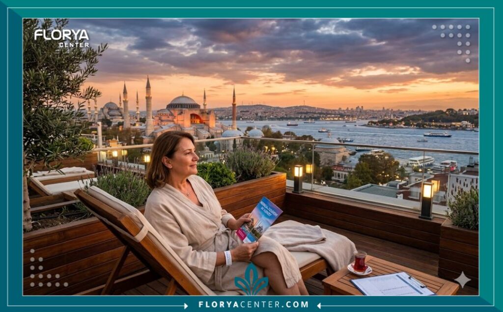 تجربة السياحة العلاجية في تركيا: مريضة تسترخي في شرفة مركز طبي فخم مطل على معالم إسطنبول والبوسفور بعد الانتهاء من علاج ليزر كيو-سويتش.