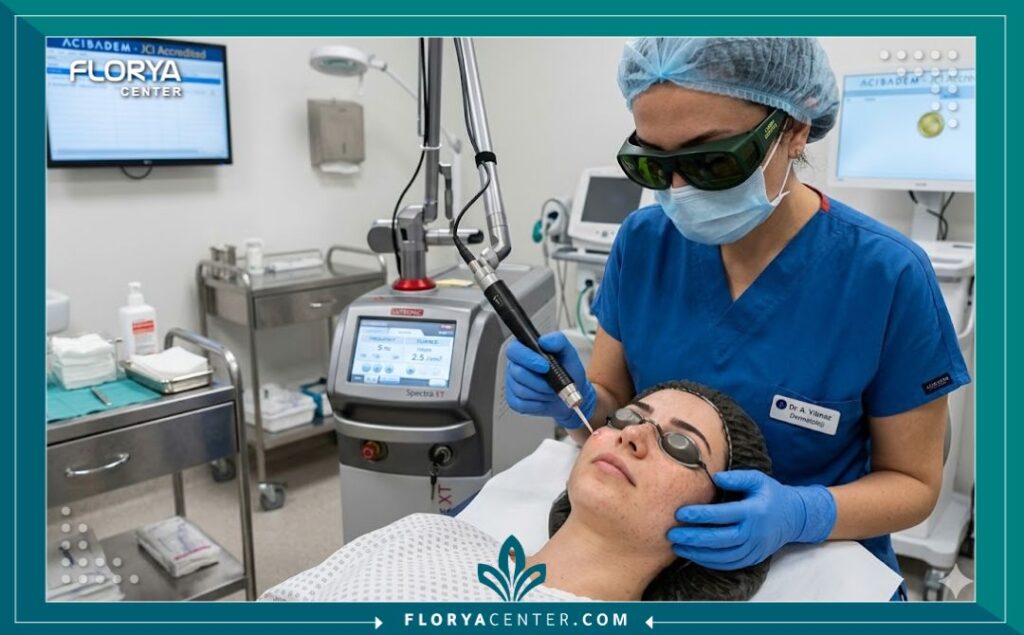 طبيبة جلدية تركية متخصصة تقوم بإجراء جلسة ليزر كيو-سويتش لإزالة النمش لمريضة في عيادة معقمة في تركيا.