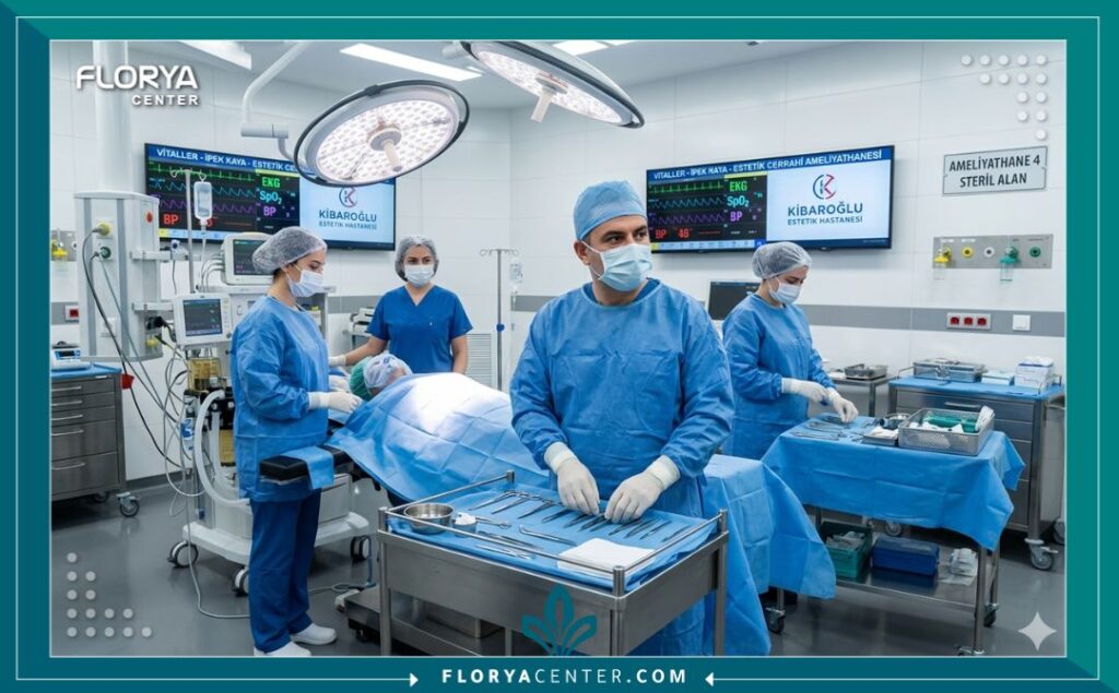 مشهد داخل غرفة عمليات حديثة ومعقمة في مستشفى تجميل نسائي بتركيا، مع طاقم طبي يستعد لعملية.