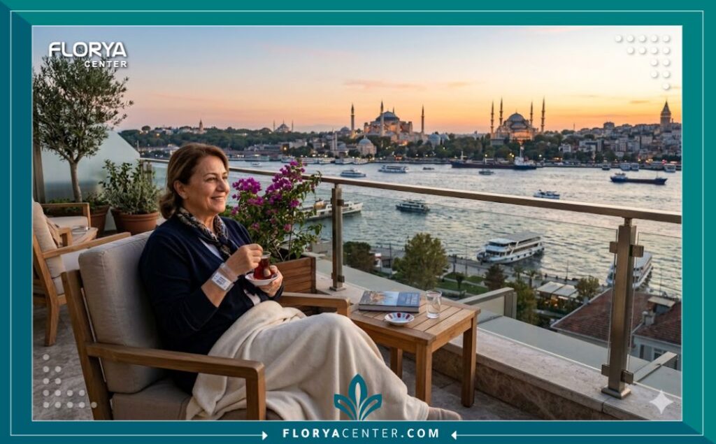 منظر خلاب لأفق إسطنبول والبوسفور من شرفة مستشفى تجميل فاخر من مستشفيات تجميل نسائي بتركيا، يجمع بين السياحة العلاجية والراحة.
