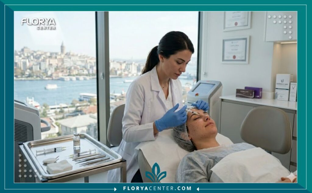 لقطة واقعية لطبيبة جلدية تركية تقوم بحقن ميزوثيرابي الوجه في عيادة تجميل احترافية في إسطنبول.