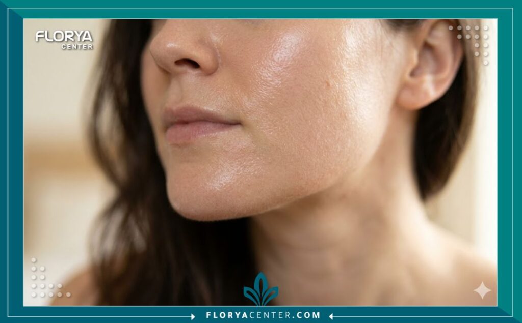 لقطة مقربة تبرز ملمس البشرة المشدودة والمتألقة بعد جلسة ميزوثيرابي للوجه لعلاج علامات التقدم في السن.