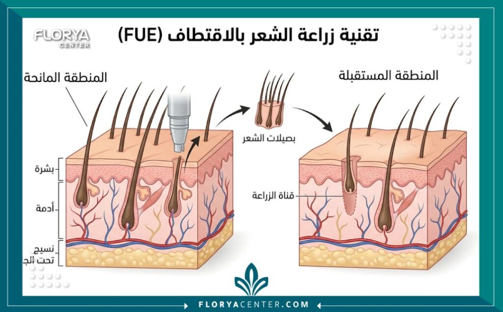مخطط طبي يوضح مراحل اقتطاف وزراعة بصيلات الشعر لزيادة الكثافة.