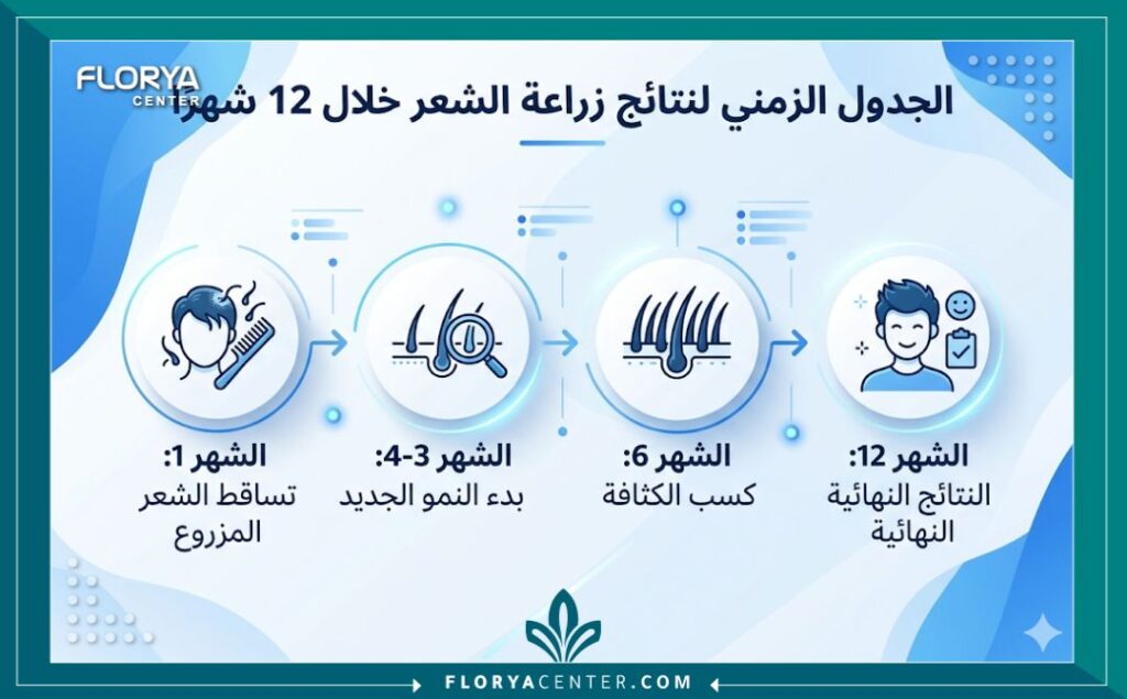 إنفوجرافيك يوضح الجدول الزمني لظهور نتائج زراعة الشعر بالصور شهراً بشهر.