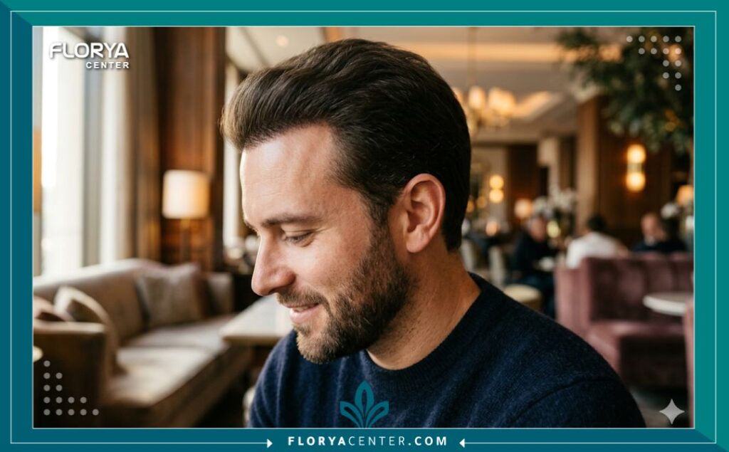 لقطة قريبة تظهر شكل خط الشعر الأمامي الطبيعي والكثيف بعد التئام زراعة الشعر تماماً.