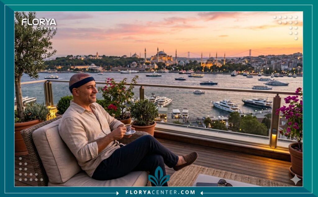 مريض يستمتع بجمال إسطنبول ومضيق البوسفور خلال فترة التعافي بعد نجاح زراعة الشعر في تركيا.