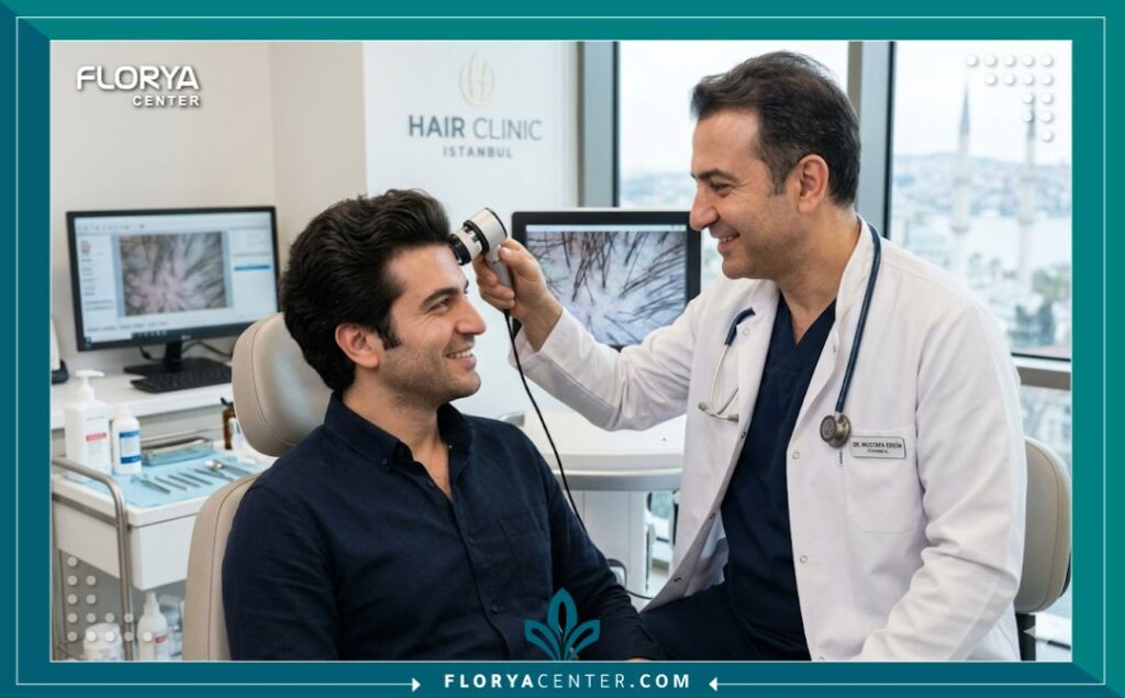 طبيب متخصص في عيادة لزراعة الشعر في اسطنبول يقوم بفحص كثافة ونمو شعر المريض بعد عام من إجراء العملية بنجاح.