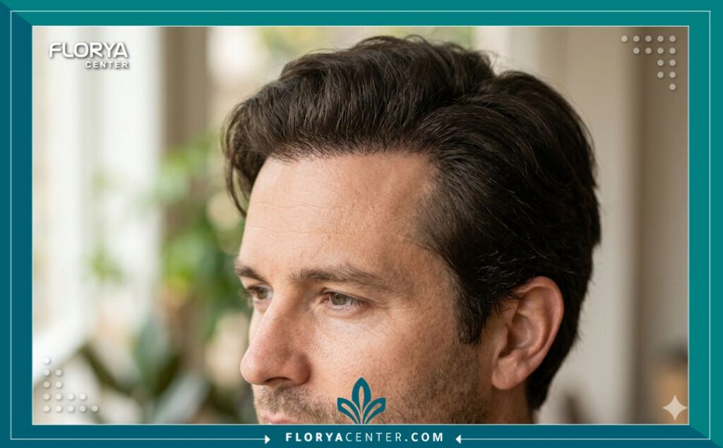 لقطة مقربة تُبرز المظهر الطبيعي والانسيابي لخط الشعر الجديد وكثافة الشعر المزروع بعد عام كامل من الجراحة.