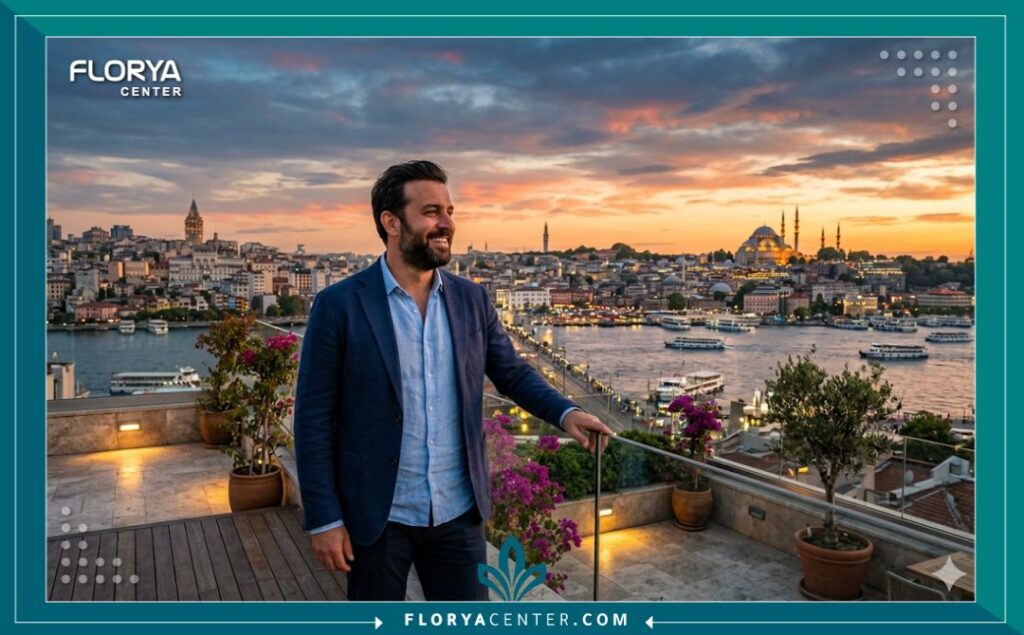 مريض سعيد يستمتع بوقته في اسطنبول، تركيا، مع إطلالة على البوسفور، بعد حصوله على نتائج زراعة شعر ناجحة بعد مرور عام.