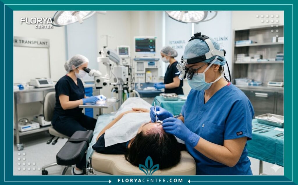 طبيبة متخصصة تجري عملية زراعة شعر دقيقة ومهنية لمريضة داخل عيادة معقمة.
