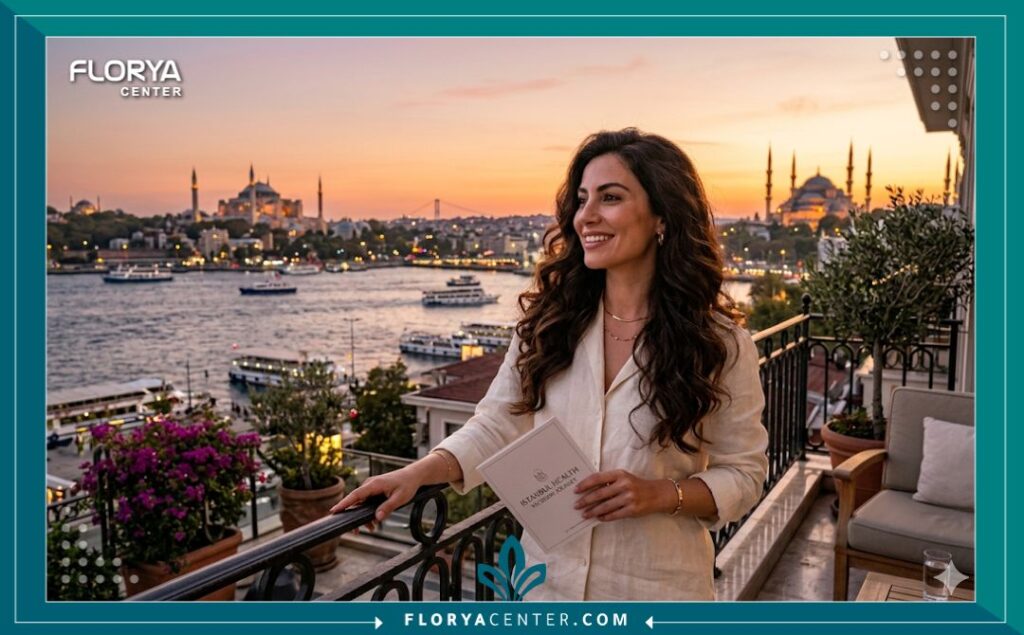 امرأة تستمتع برحلة سياحية في اسطنبول بعد الحصول على نتائج زراعة شعر ناجحة.