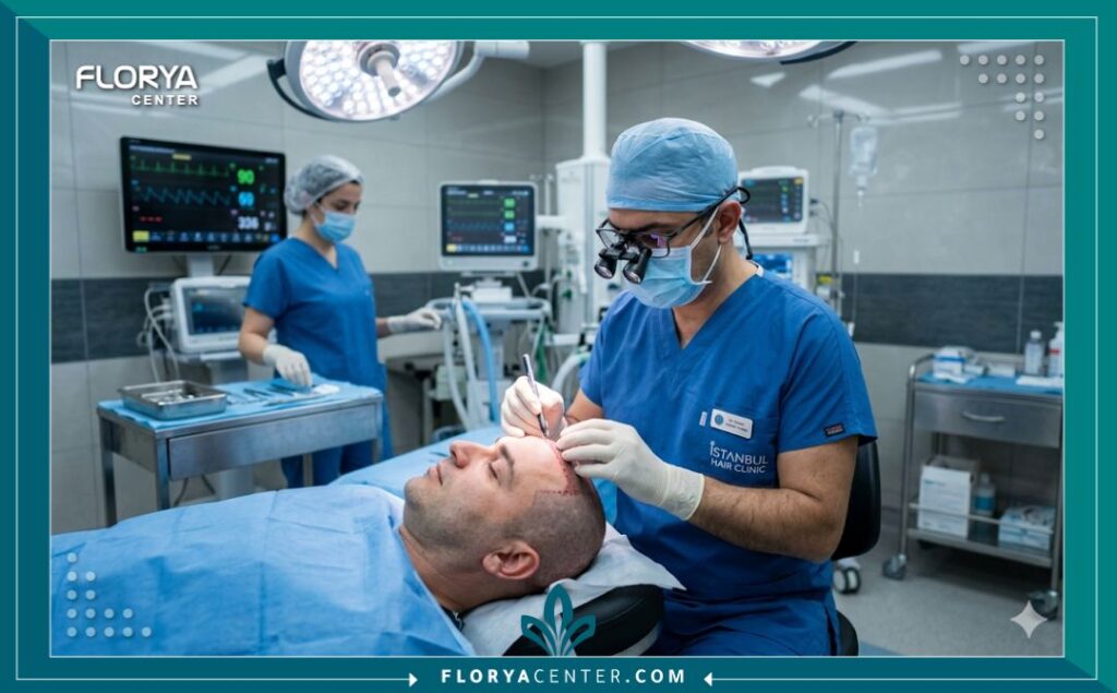 طبيب متخصص يفحص خط الجبهة لمريض داخل غرفة عمليات معقمة في مركز لزراعة الشعر.