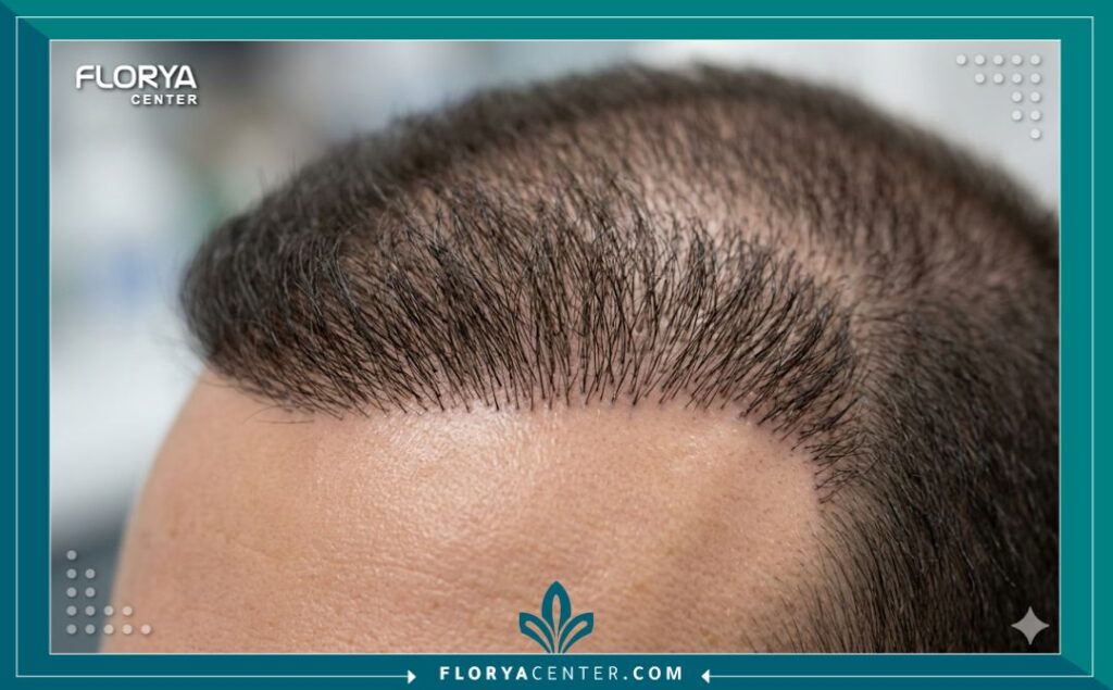 لقطة مكبرة توضح تفاصيل خط الجبهة الطبيعي وتوزيع الكثافة بعد زراعة الشعر.