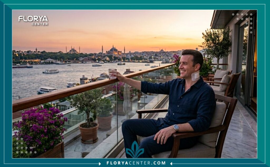 مريض سعيد يستمتع بجمال إسطنبول ومضيق البوسفور بعد الانتهاء من رحلة زراعة الشعر في تركيا.