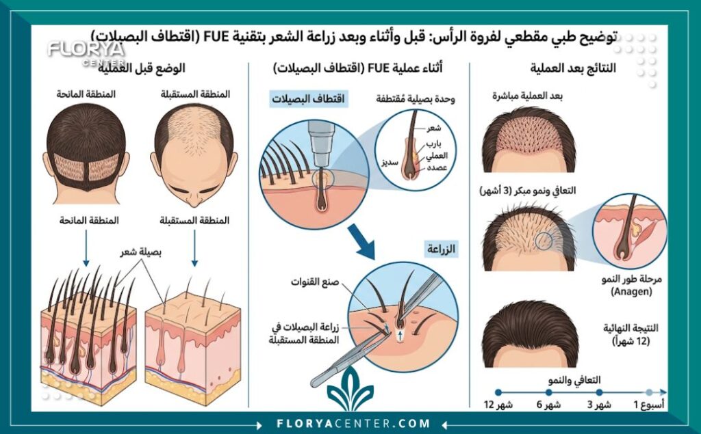 مخطط طبي يوضح تشريح فروة الرأس وخطوات عملية زراعة الشعر بالاقتطاف FUE مع تسميات عربية للمناطق المانحة والمستقبلة والبصيلات.