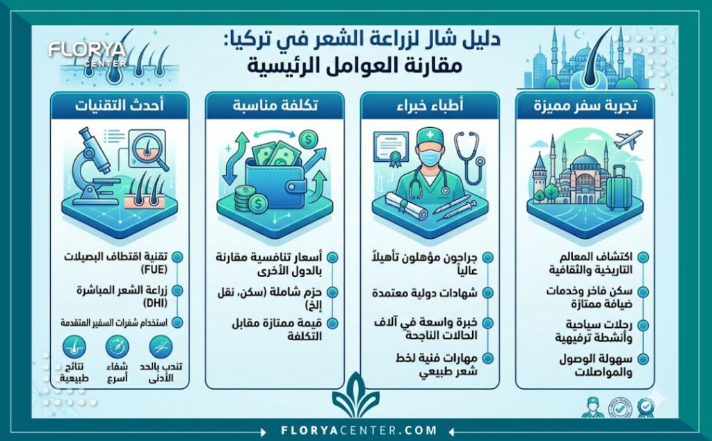 إنفوجرافيك مقارنة يوضح العوامل الرئيسية التي تساهم فينتائج وتجارب زراعة الشعر في تركيا، مثل التقنيات والتكلفة والخبرة.