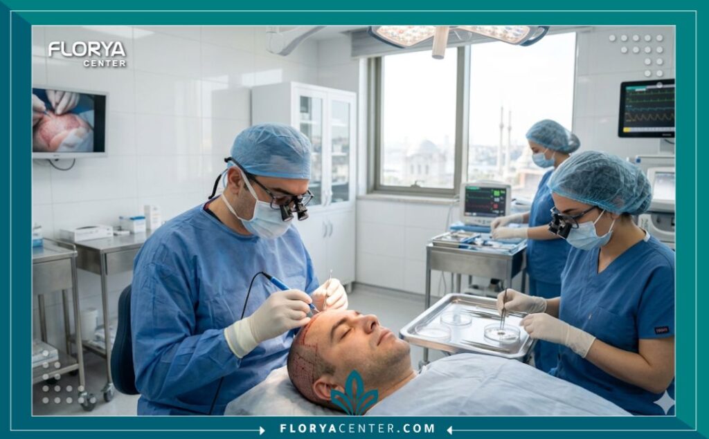 لقطة واقعية من داخل غرفة عمليات زراعة الشعر في عيادة طبية معقمة واحترافية بتركيا تظهر الأطباء أثناء العملية بدقة عالية.
