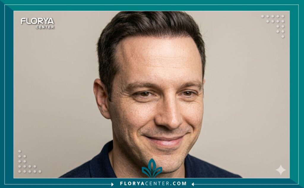 لقطة مقربة تظهر كثافة الشعر وخط الشعر الطبيعي بعد عدة أشهر من عملية زراعة الشعر الناجحة في تركيا، مع تركيز على النتائج الجمالية.