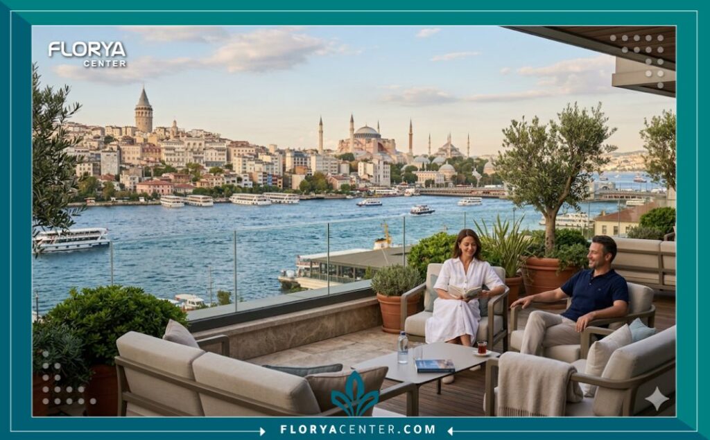 إطلالة بانورامية خلابة على معالم إسطنبول التاريخية مثل برج غلاطة وآيا صوفيا من وجهة سياحة علاجية فاخرة، تجمع بين التعافي والجمال.