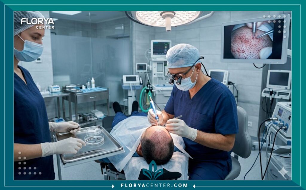 طبيب متخصص يجري عملية زراعة شعر بدقة داخل غرفة عمليات معقمة ومجهزة بأحدث التقنيات في اسطنبول.