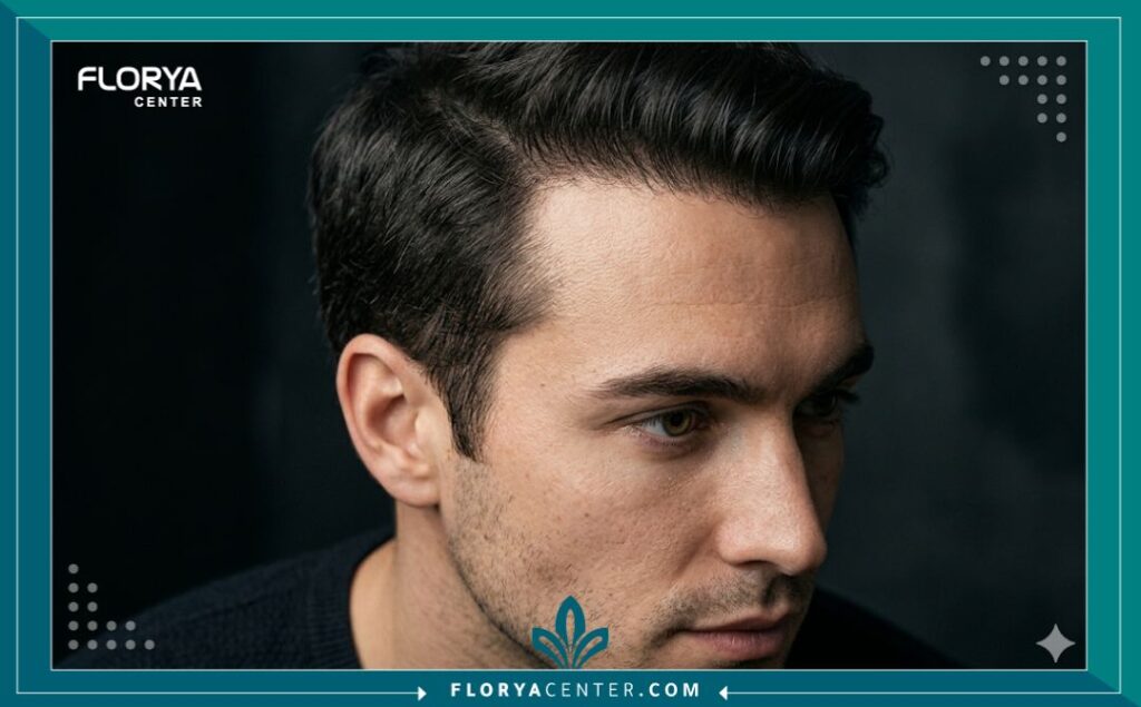 لقطة قريبة تظهر كثافة ومظهر خط الشعر الطبيعي والجمالي بعد الشفاء التام من عملية الزراعة.