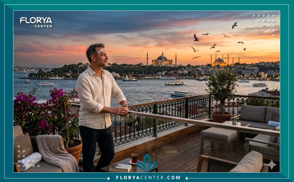 رجل يستمتع بجمال اسطنبول ومضيق البوسفور خلال رحلة علاجية ناجحة لزراعة الشعر في تركيا.
