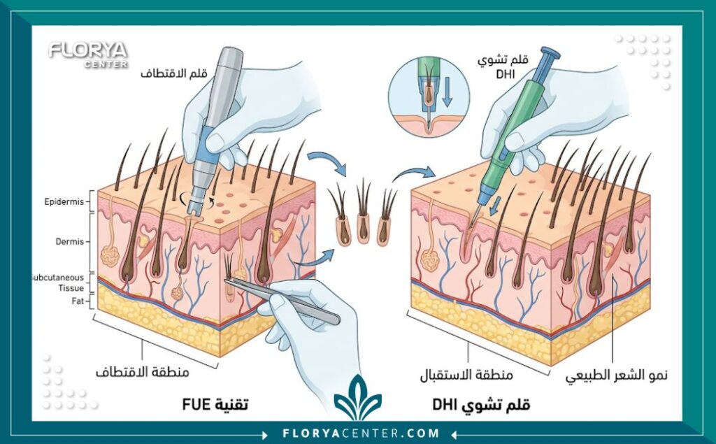 مخطط طبي توضيحي يبين الفرق بين تقنيات زراعة الشعر للنساء FUE و DHI وطريقة توزيع البصيلات.