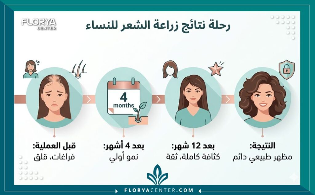 إنفوجرافيك يوضح جدول زمني نتائج وتجارب زراعة الشعر للنساء من القلق قبل العملية إلى الكثافة والثقة بعدها.