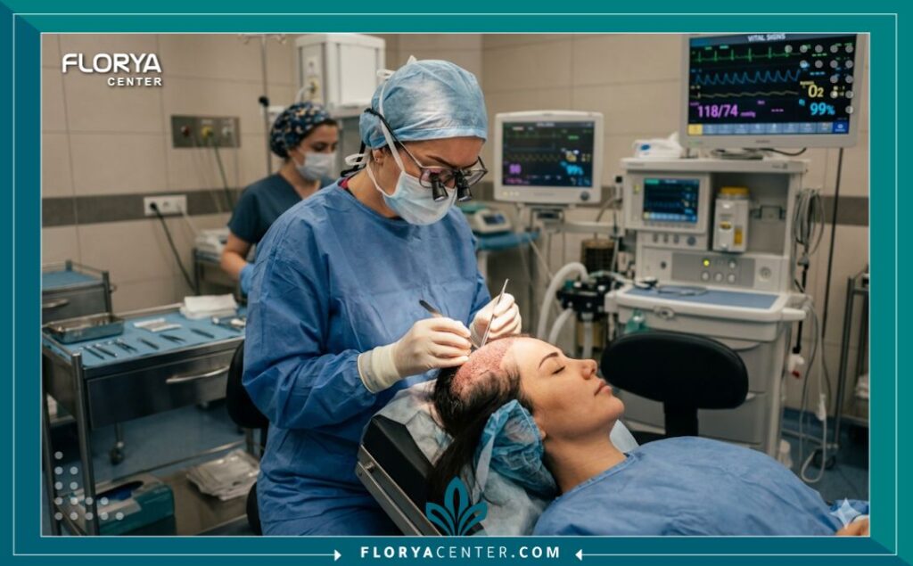 طبيبة متخصصة تجري عملية زراعة شعر لامرأة في غرفة عمليات معقمة ومتطورة، تظهر الاحترافية والأمان.