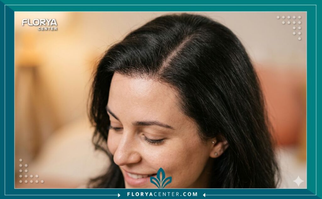 لقطة قريبة جمالية تظهر المظهر الطبيعي تمامًا لخط الشعر وفرق الرأس بعد عام من تجربة زراعة الشعر للنساء.