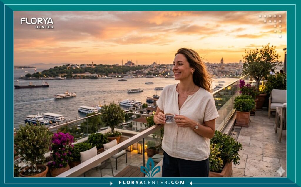 امرأة تتعافى بسعادة في إسطنبول وتنظر إلى البوسفور بعد الانتهاء من تجربة زراعة الشعر في تركيا، تدمج بين السياحة والعلاج.