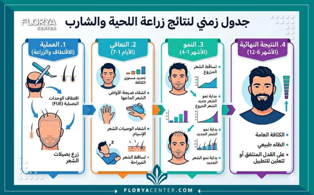 إنفوجرافيك يوضح الجدول الزمني المتوقع لنتائج و تجارب زراعة شعر الذقن والشارب من اليوم الأول وحتى النتيجة النهائية بعد عام كامل.