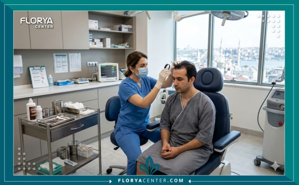 طبيبة متخصصة تفحص وجه مريض داخل غرفة عمليات معقمة واحترافية في مركز زراعة الشعر في اسطنبول قبل بدء عملية زراعة الذقن.